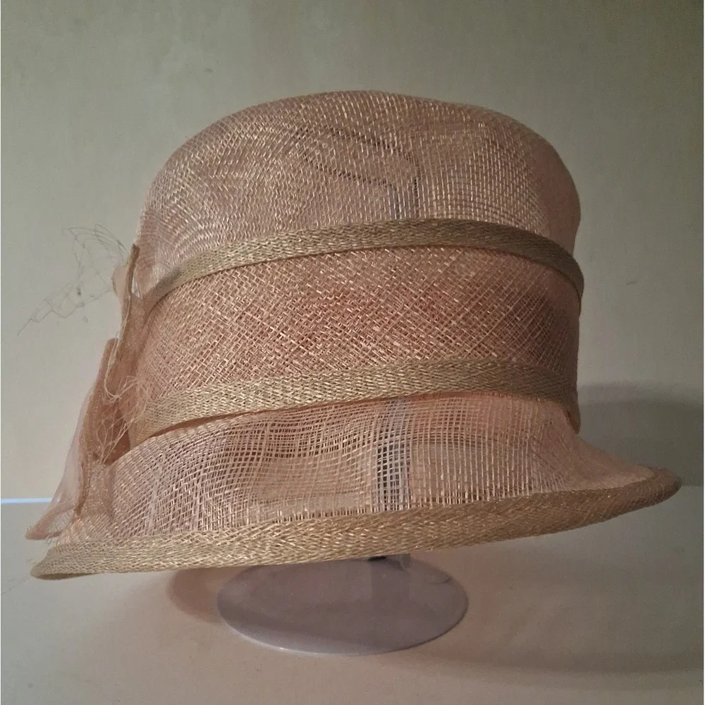 Women's Sinamay Cloche Pink Derby, Church, Wedding Hat Bow Netting Feathers